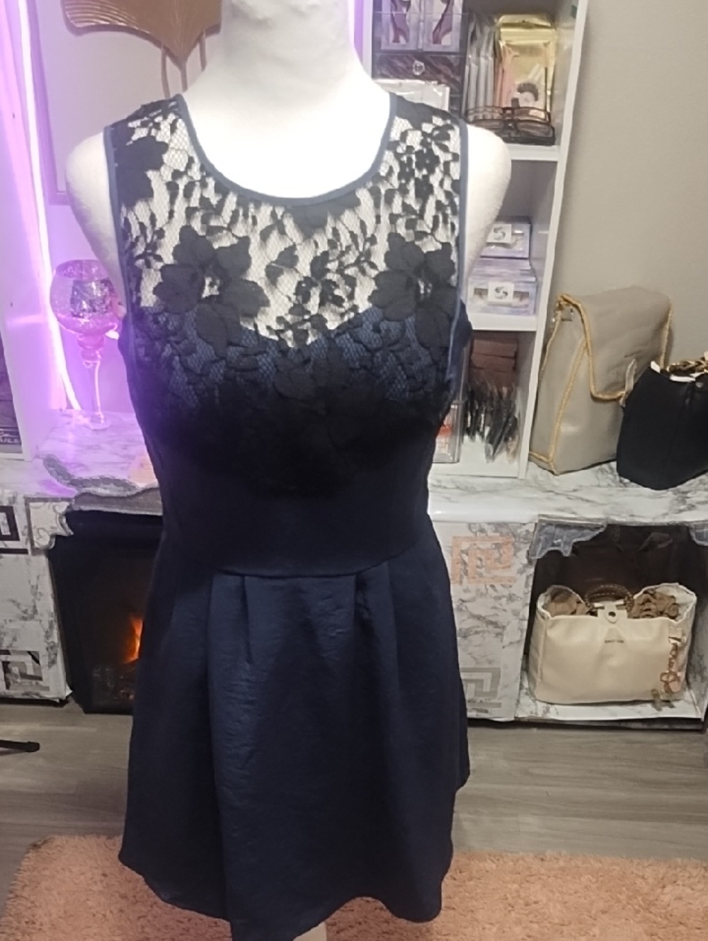 BCBGeneration Navy Lace Yoke Fit-and-Flare Mini Dress